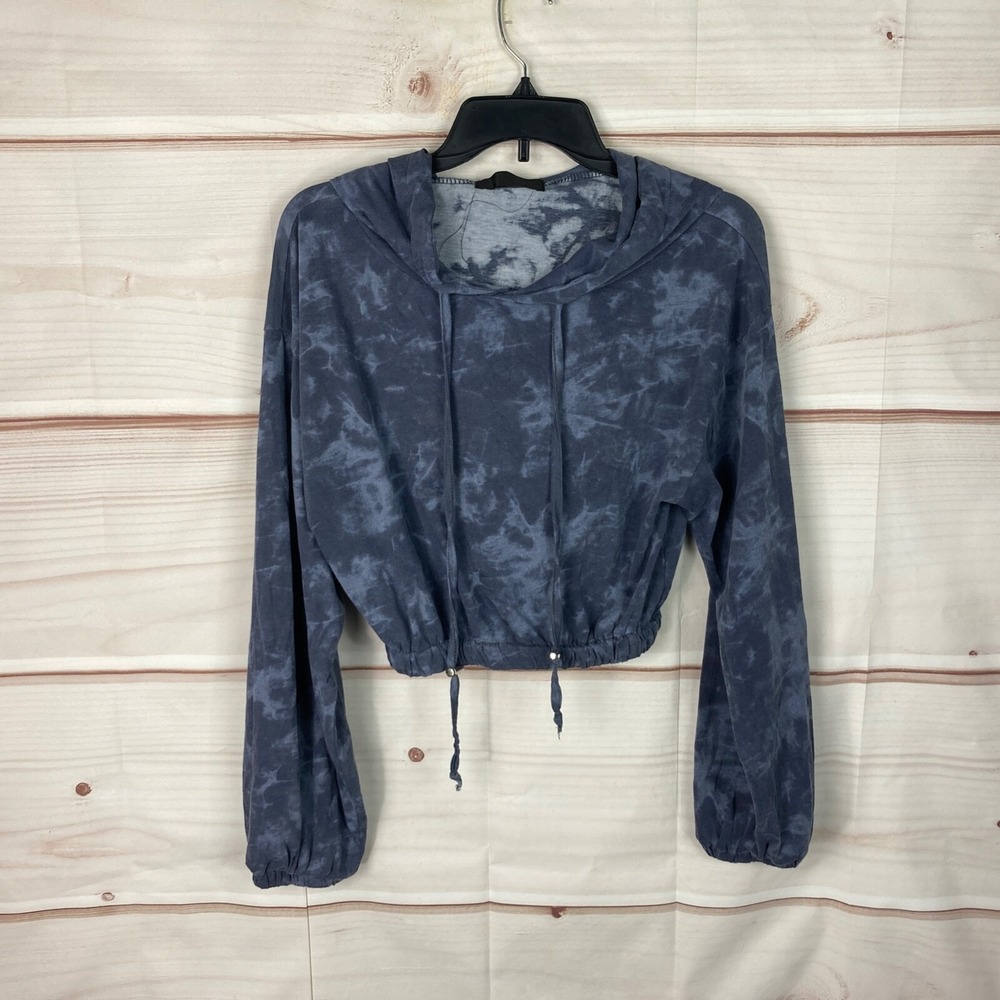 Storets Sweatshirt Womens S M Blue Tie Dye Crop Hoodie Long Sleeve Cotton Knit